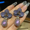 Fashion temperament Luxury elegance Black flower zircon pearl earrings