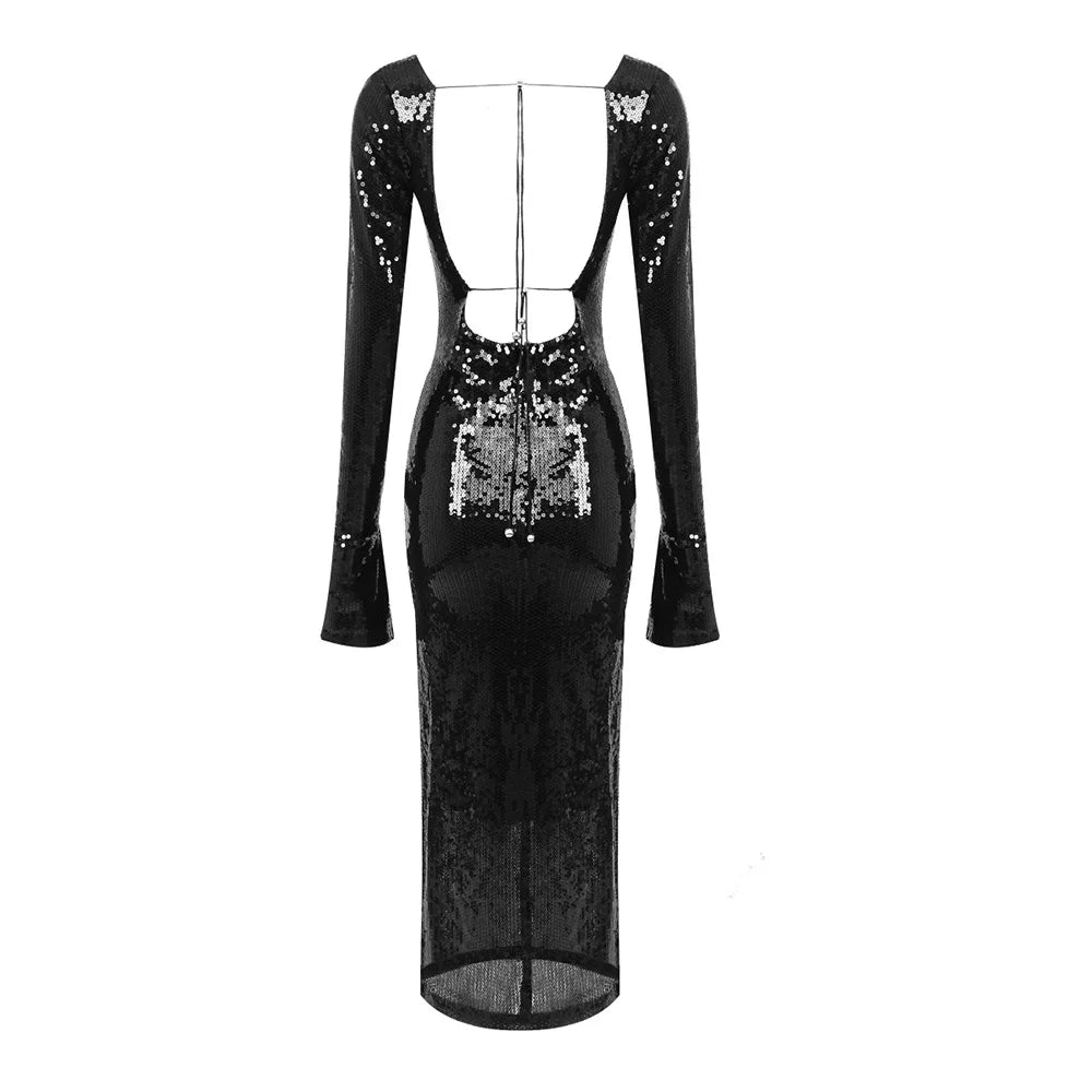 Abendkleid Damen Elegant Pailletten Tiefer V-Ausschnitt Langarm Midikleid Sexy Luxuriös Rückenausschnitt Schnürung Knöchellang Bandage Partykleid
