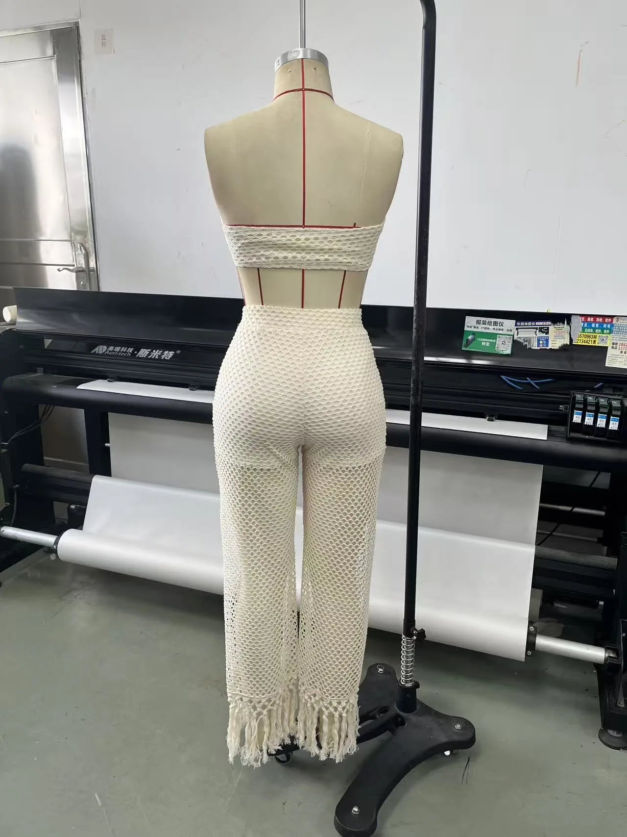 HLJ Casual Crochet Knit Women 2 Piece Outfits Strapless Bandeau Crop Top + Tassel Mesh Wide Leg Pants Matching Streetwear Summer