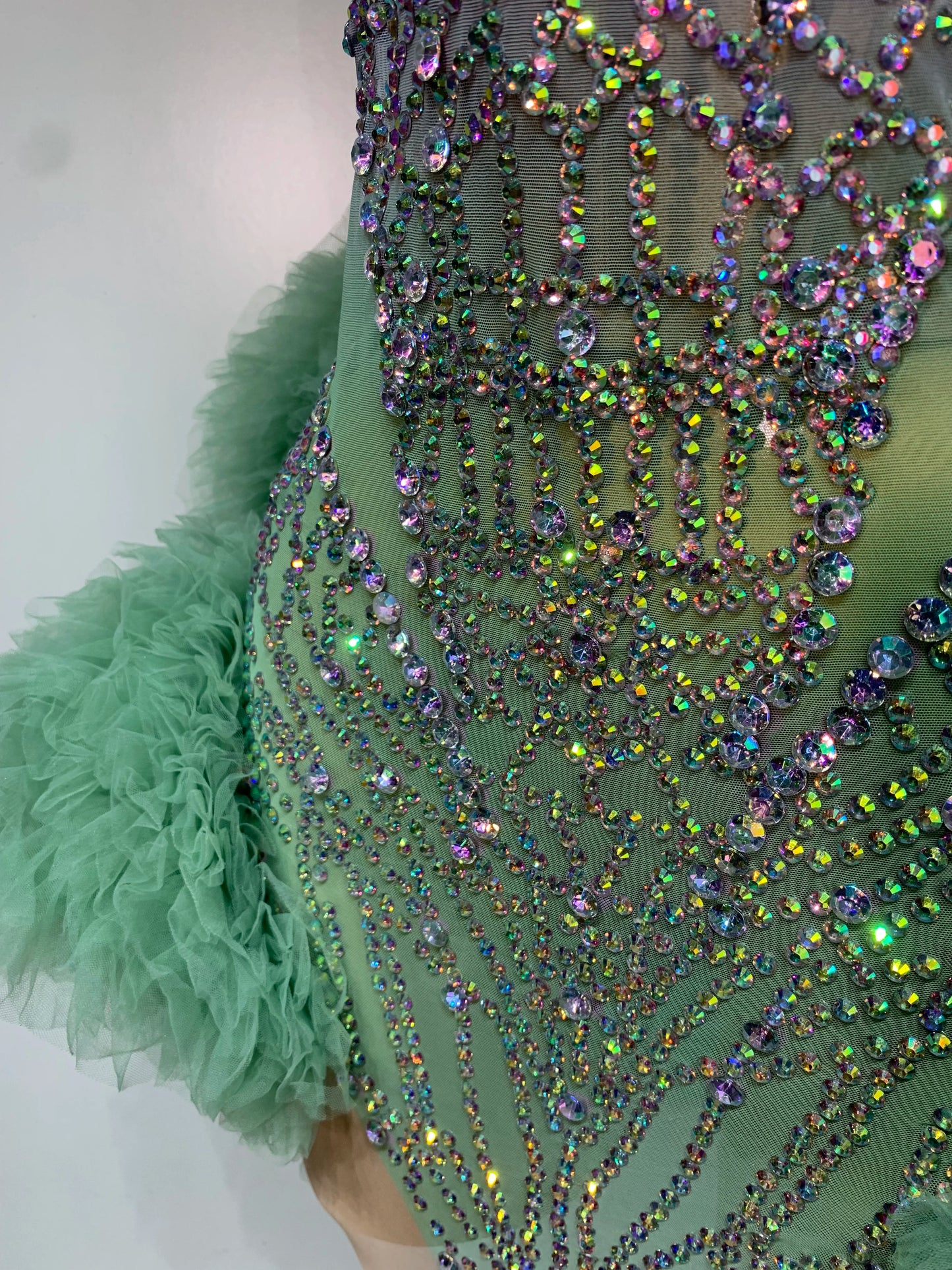 Women Sexy Strapless Backless Green Diamonds Mesh Dress Birthday Party Costume Bar Nightclub Singer Stage Performance Outfit