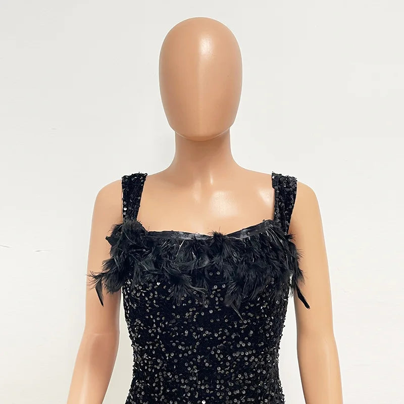 Damen Partykleid Ärmellos Glänzende Pailletten Feder Abendkleid Sexy schulterfrei rückenfrei Mini Formelle Ballkleider HXY8