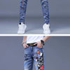 Fashion Printed Jeans Men's Korean Brand Embroidery Badge Pattern Youth Ripped Small Feet Teenagers Cowboy Pencil Pants