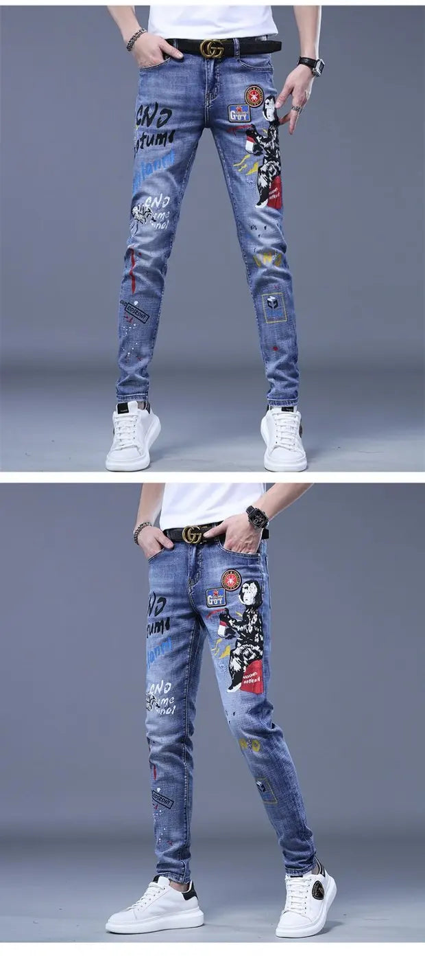 Fashion Printed Jeans Men's Korean Brand Embroidery Badge Pattern Youth Ripped Small Feet Teenagers Cowboy Pencil Pants