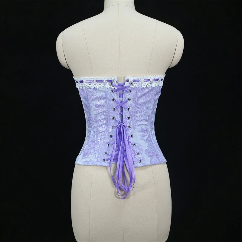 Sexy Women Pink Overbust Corset Crop Top Sweet Lace Patchwork Slim Fit Strapless Bustier Chic Party Summer Clothes Streetwear