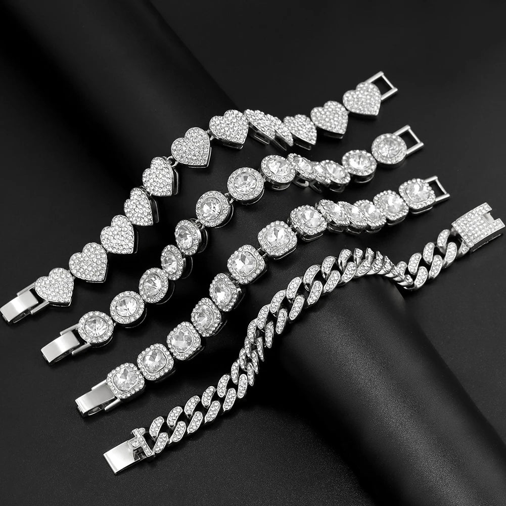 Iced Out Pink Cuban Armband für Frauen Hip Hop Gold Silber Farbe Kristall Herz Kreis Quadrat Armband 4Pcs Set Schmuck Geschenk