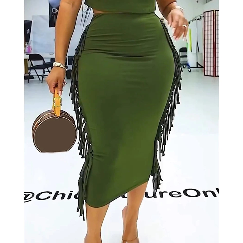 Women's Letter Print Crop Top and High Waist Long Skirt Set, Summer Workwear, Casual Tassel, Female Party Dress Sets, New, 2Pcs