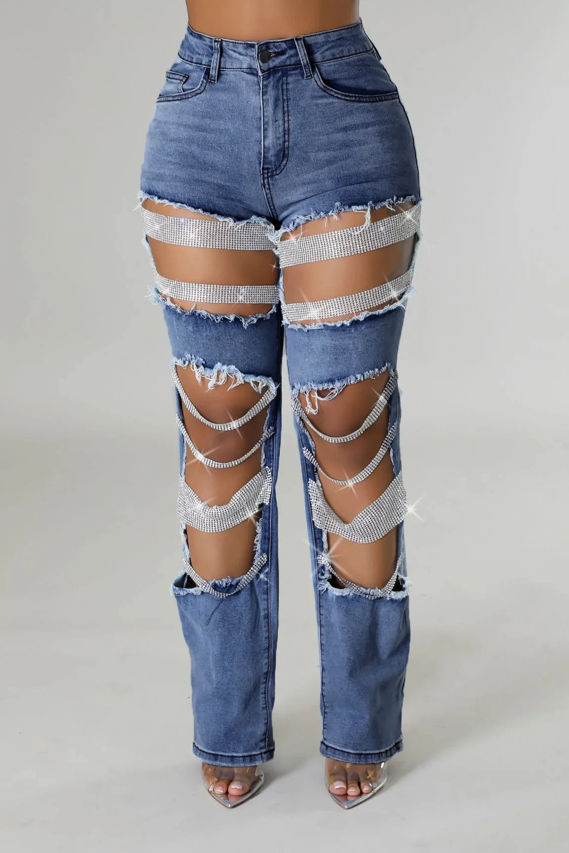 Women's Destroyed Ripped Hole Denim Pants Pearl Rhinestones Chain Distressed Slim Fit Skinny Jeans Y2K Night Club Party Jeans