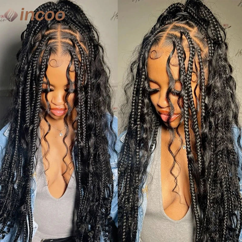 Boho Box Braided Wigs, gelocktes Kunsthaar, volle Lace-Front-Perücken für schwarze Frauen, Goddess Locs Braid Wig, Bohemian Box Braid Wig