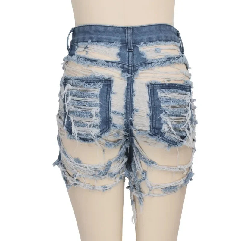 New Ripped Denim Shorts Women Bottoms Female Jeans High Waist Holes Tassel Classic Denim Shorts Close-Fitting Pants Fashion