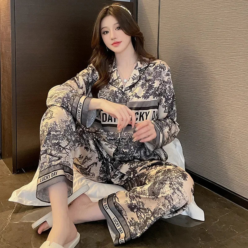 Frühling Herbst Neuer Satin-Seidenpyjama für Damen Mode Langarm Lange Hose Hochwertig Elegant Bequem Revers Loungewear