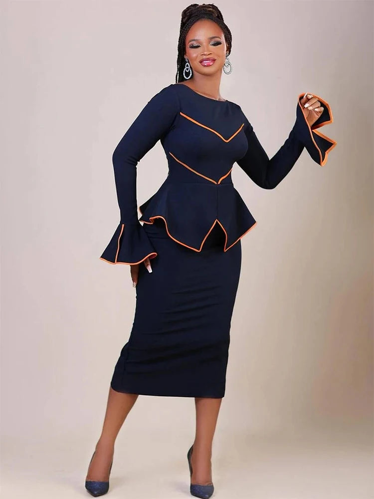 Elegantes Damen-Bürokleid, Rundhals, Rüschenkante, Langarm, Formelles Business, Farbblock, A-Linien-Berufskleidung, Neuer Stil
