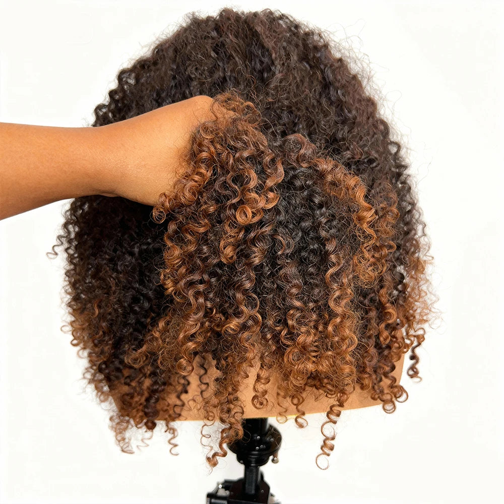 Ombre Brown Wear Go Human Hair Wigs Pre-Styled Layered Cut Kinky Curly Wig HD 7x5 Glueless Pre-Cut Wig for Quick Installation