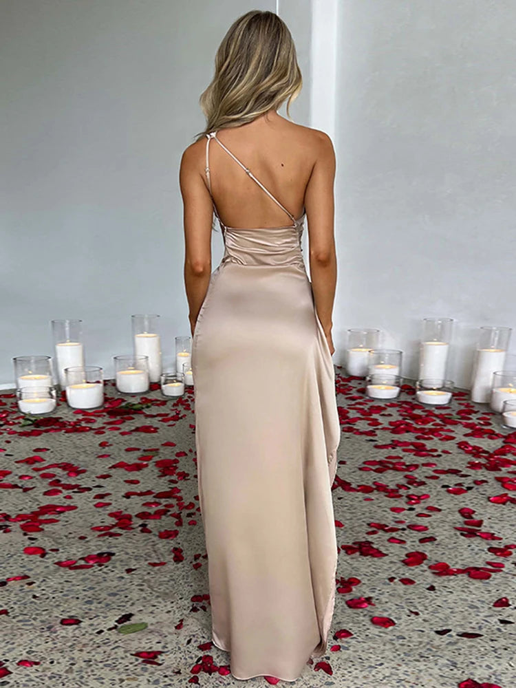 Summer Sexy One Shoulder Satin Long Dress for Women Sleeveless Backless High Split Party Evening Dresses Elegant Cocktail Dress