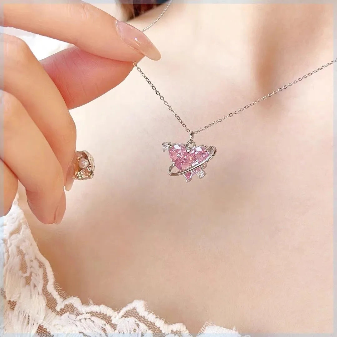 Y2K Rosa Planet Herz Zirkon Anhänger Halsketten Frauen Mode Ästhetische Schlüsselbeinkette Halskette Valentinstag Geschenk Party Schmuck