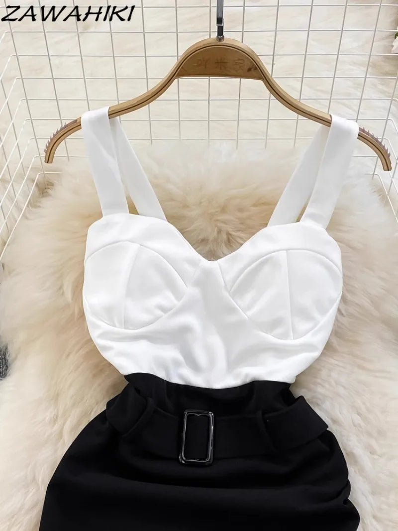 Mode-Trägerkleid Sexy Kontrastfarben-Patchwork Damenkleider Unregelmäßiges Hüftwickelkleid Büro-Dame Koreanische Ropa Mujer