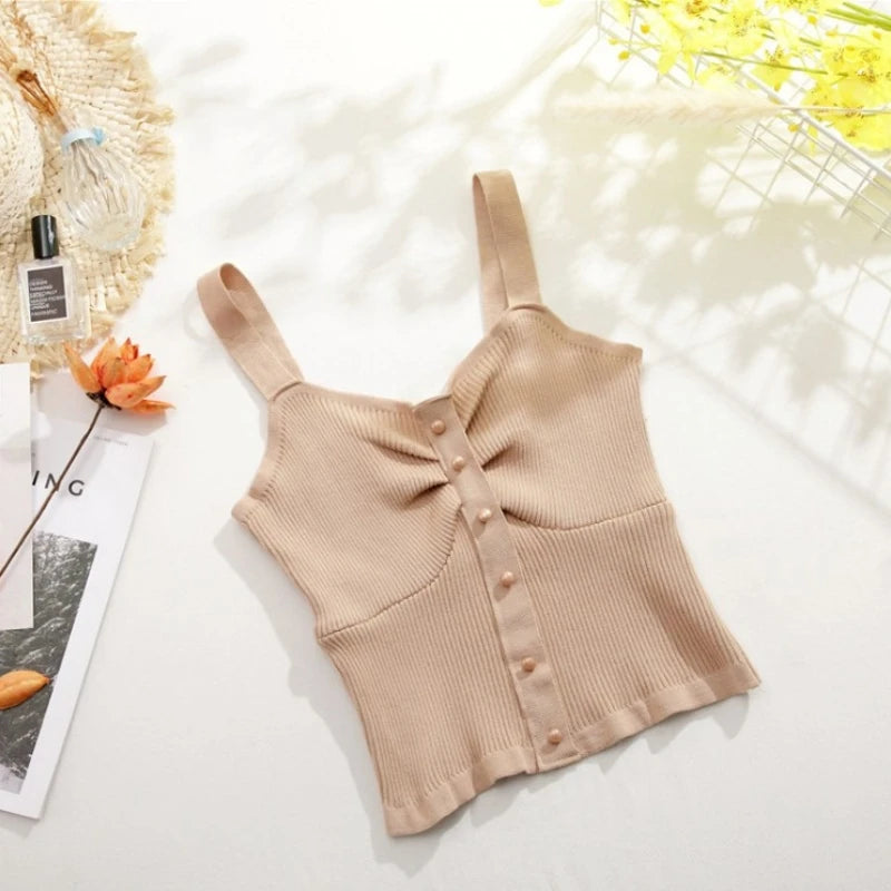 New Style Summer Crop Top Women Seamless Sexy V-Neck Wide Straps Tank Top Knitted Button Camisole Solid Corset Top Female Vest
