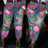 Fashion Rhinestone Washed Ripped Graphic Jeans Street Style Women's Denim Pants High Waisted Beaded Sequin Straight-Leg Jean