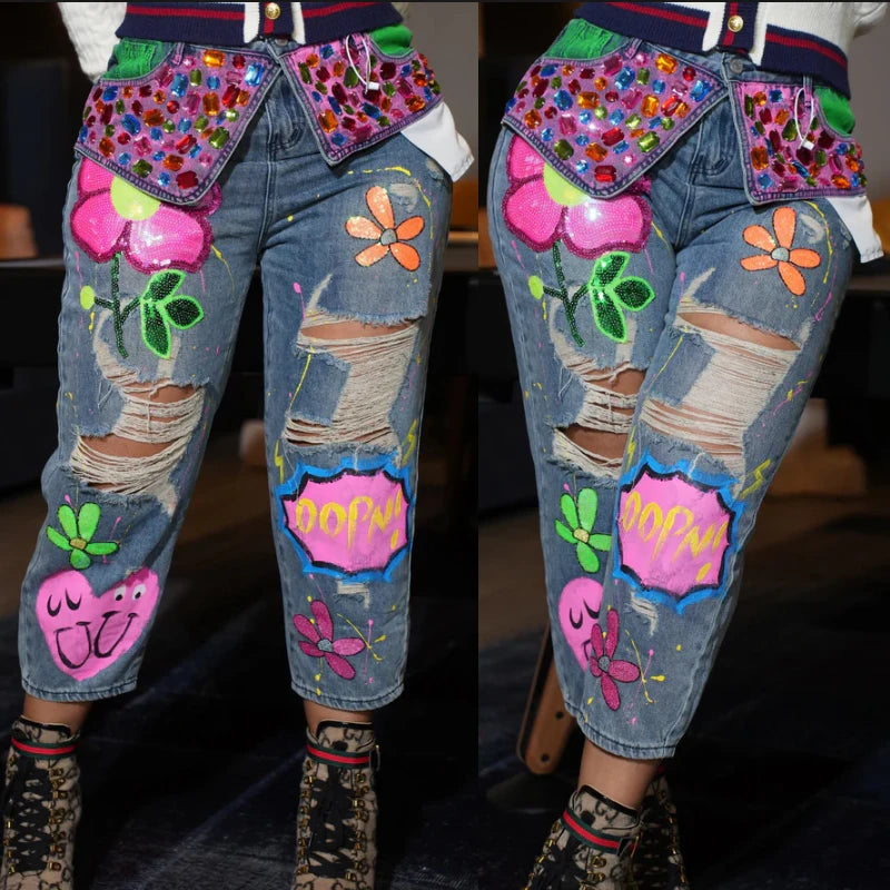 Fashion Rhinestone Washed Ripped Graphic Jeans Street Style Women's Denim Pants High Waisted Beaded Sequin Straight-Leg Jean