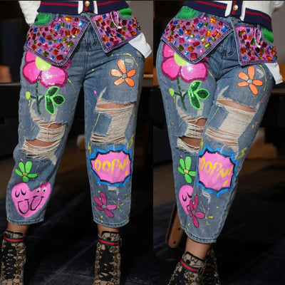 Fashion Rhinestone Washed Ripped Graphic Jeans Street Style Women's Denim Pants High Waisted Beaded Sequin Straight-Leg Jean