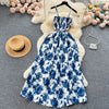 2024 New Summer Korean Fashion Rose Flower Print Romantic Retro Party Dress Elastic High Waist Vacation Long Dress Beach Vestido
