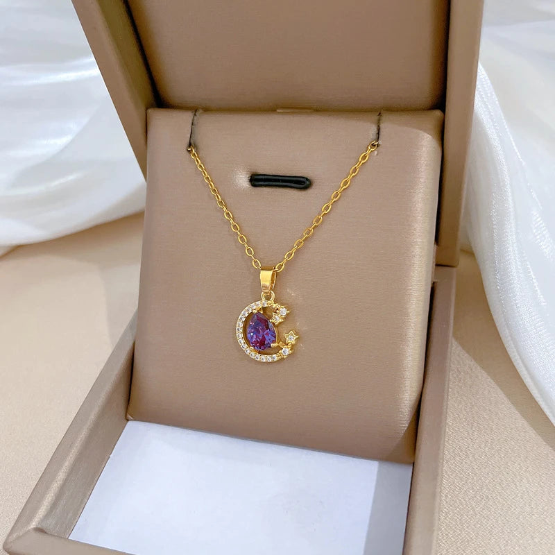 Stainless Steel Zircon Planet Star Pendant Necklace For Women Elegant Aesthetic Clavicle Chain Necklace Jewelry Party Gift