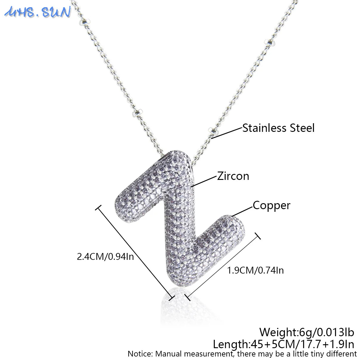MHS.SUN Hochwertige Bubble Initialenkette Buchstabe A-Z Silberfarbene Zirkon 26 Initialen Ballon Anhänger für Damen Herren Schmuck