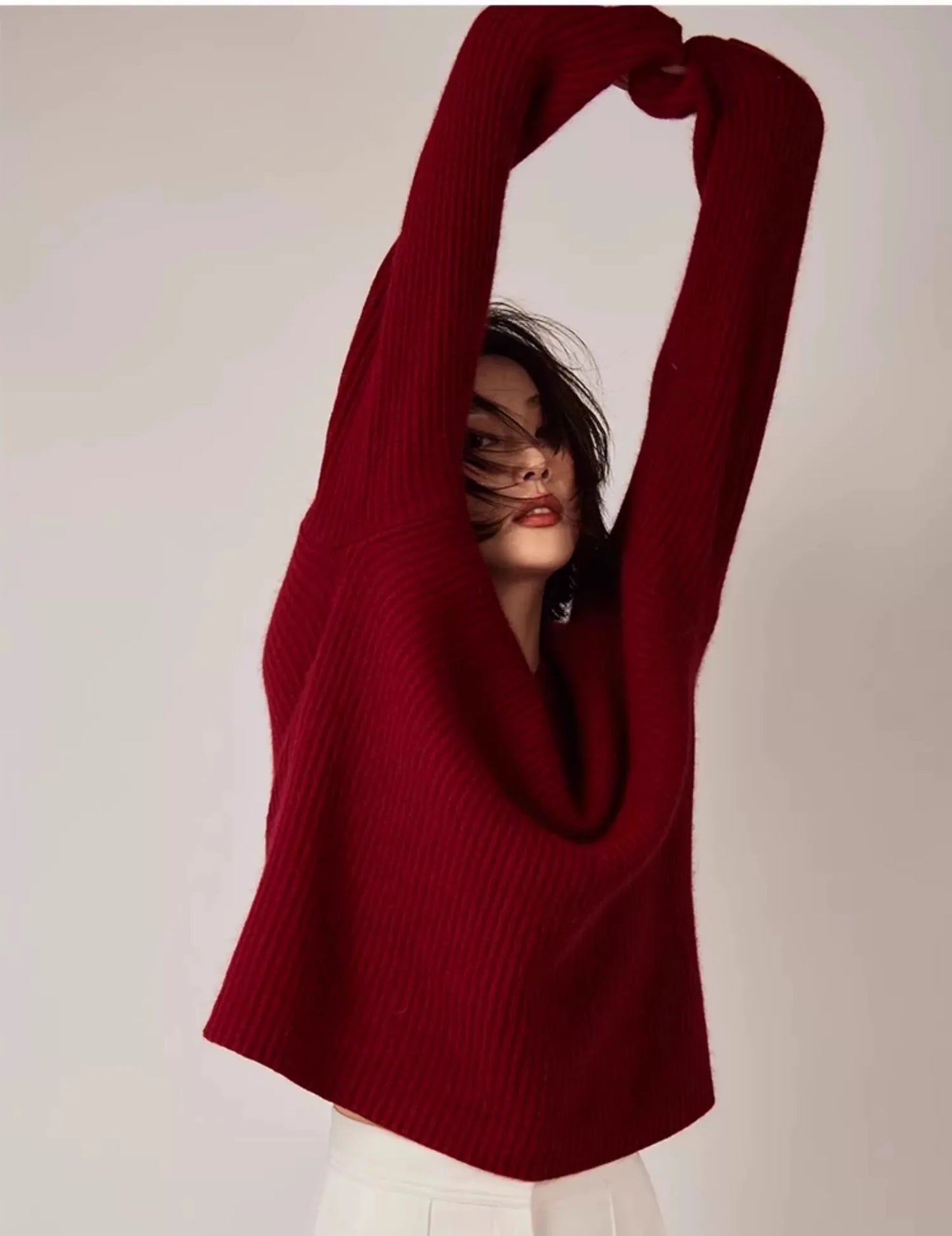 Rollkragenpullover 100% Kaschmir Pullover Damen lose verdickend Anti-Aging Nische Vintage Roter Rundhals-Pullover Damen Langarm