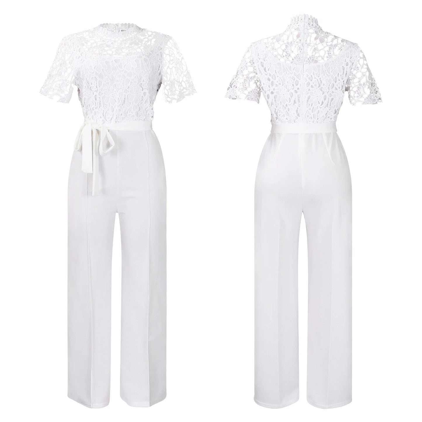 Elegante Jumpsuits & Rompers für Damen Rundhals Spitze Patchwork Kurzarm Gürtel Hohe Taille Luxus Geburtstagsparty Abend Outfit