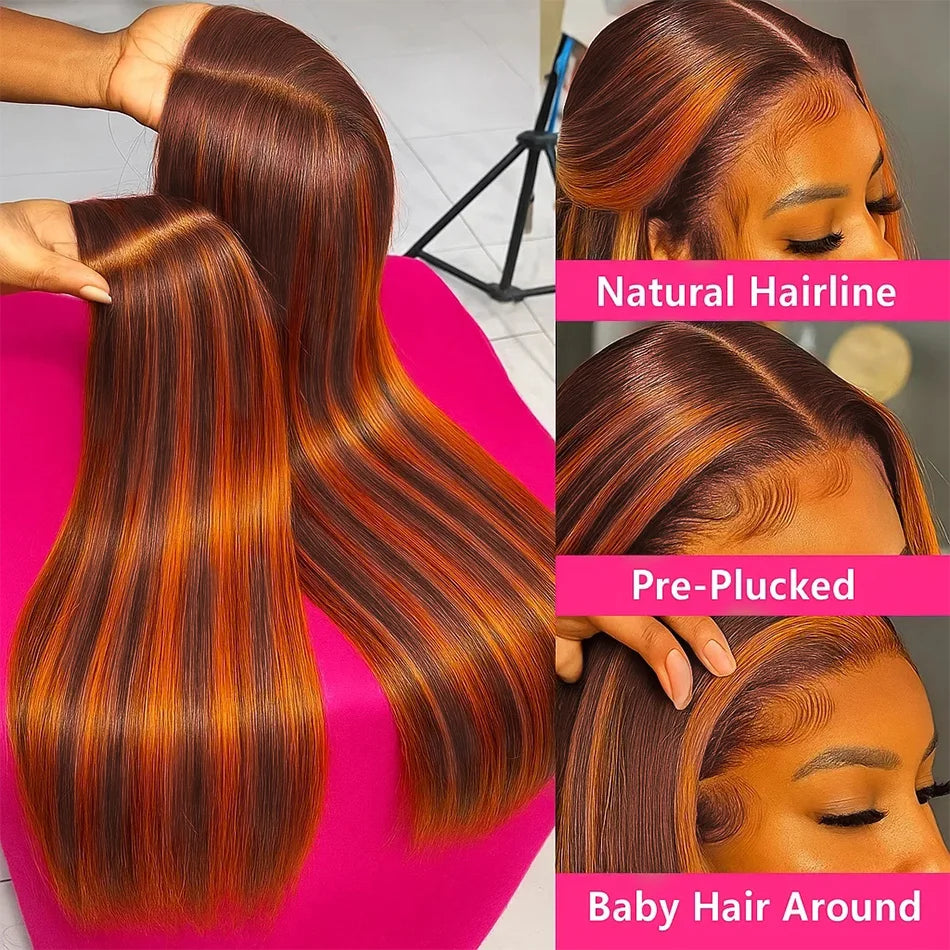 250% 4/350 Highlight Ombre Bone Straight 13x6 Lace Front 100% Human Hair Wigs Ginger Orange Brown Colored 13x4 Lace Frontal Wig
