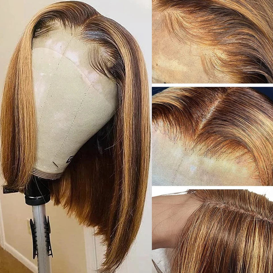 Highlight Perücken Echthaar Straight Bob Perücke 4/27 Ombre 13x4 Lace Front Echthaar Perücke 100% Remy Haar vorgezupft Transparente Spitze