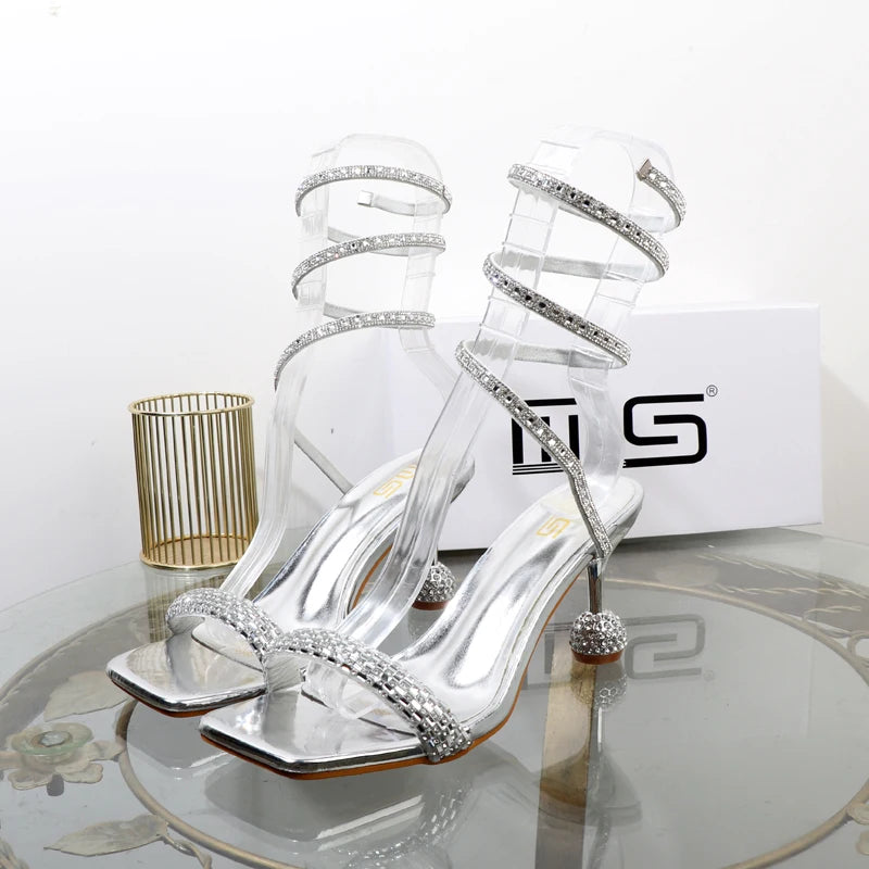 Luxus-Fashion-Sandalen 2024 Sommer Neue Strass Fee offene Zehen Ring-Fuß-Riemen Römersandalen mit hohem Absatz Damenschuhe Bankett