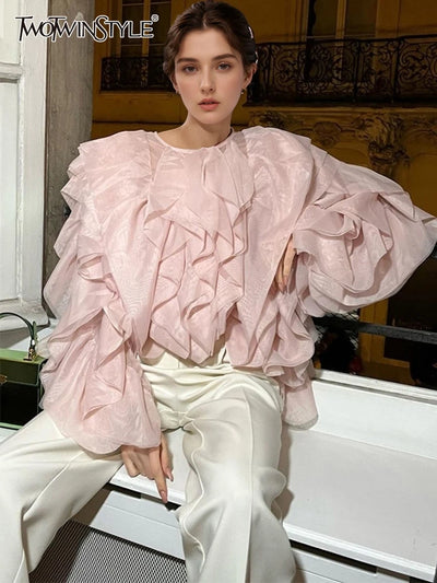 TWOTWINSTYLE Elegante Patchwork Rüschen Chiffon Blusen Damen O-Neck Laternenärmel Langarm Lockere Hemden Weibliche Kleidung Mode