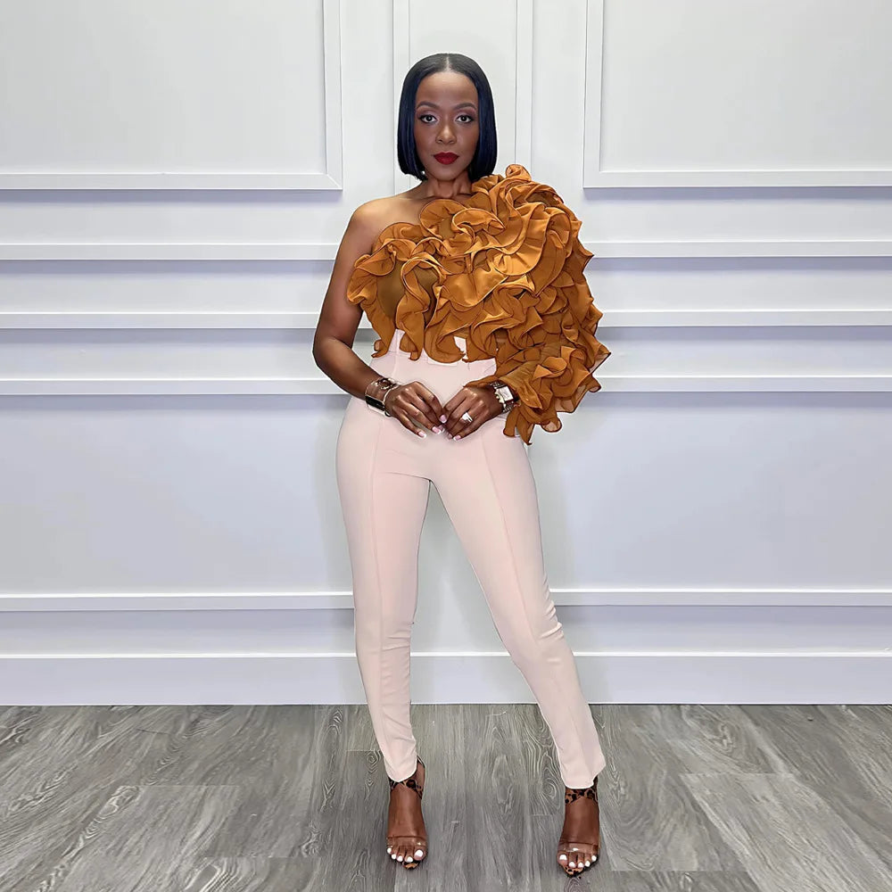 CM.YAYA Damen Rüschen Einärmel Schräger Kragen Tunika Bluse und Hemd Tops 2024 Sommer Streetwear Nachtclub Party Strand Tops