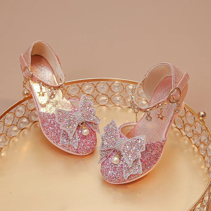 Girls Leather Shoes High Heeled for Wedding Party Glitter Rhinestone with Bow-knot Kids Dress High Heels Pendant Bling Sparkling