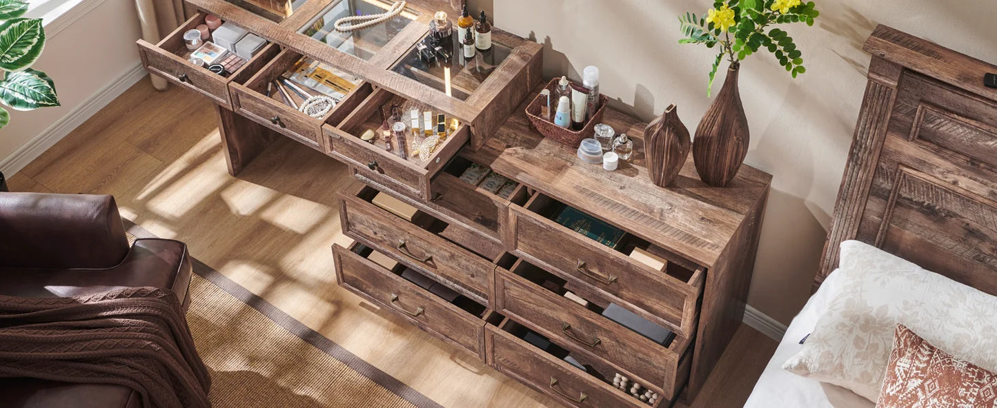 69" B rustikale Schlafzimmerkommode aus Holz mit Glasplatte, 9 großen Schubladen, 3 farbigen Leuchten und 30" HD-LED-Spiegel