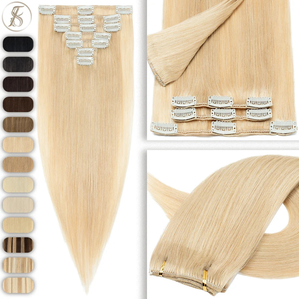 TESS 7Pcs/Set Human Hair Clip In Hair Extensions Natural Extension 14"-24" Full Head Blonde Human Hair Clip Ins Remy Hair Pieces