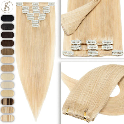 TESS 7-teiliges Set Echthaar-Clip-in-Extensions Natürliche Haarverlängerung 14"-24" Voller Kopf Blonde Echthaar-Clip-Ins Remy Haarstücke
