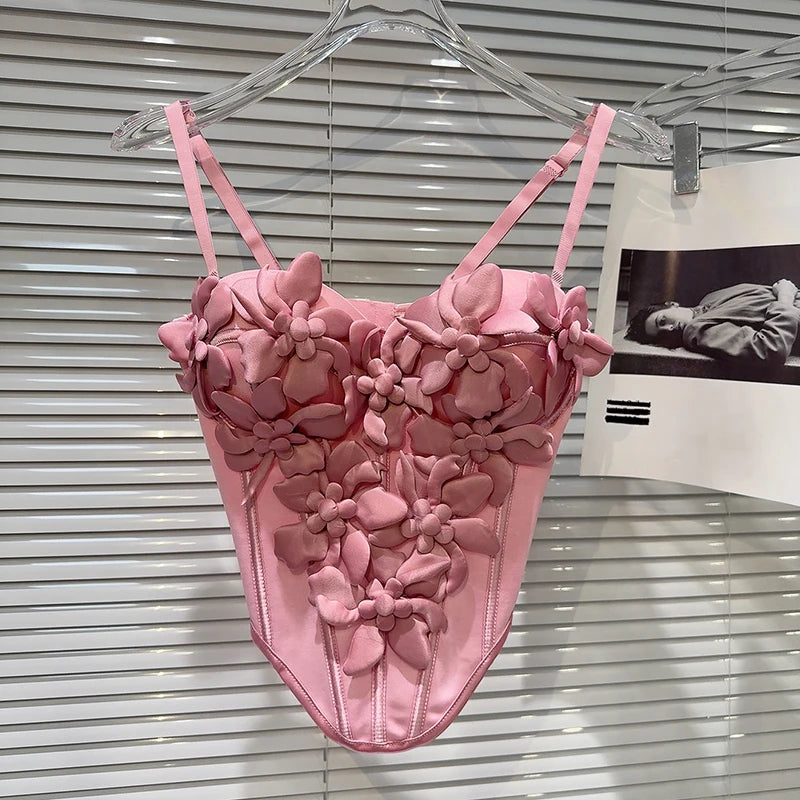 DEAT Fashion New Items Three-dimensional Flower Decoration Chest Pad Camisole For Women Fishbone Waist Sling Vest 11A04201