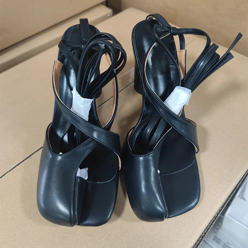 Summer spilt toe women sandals high heel lace up slides