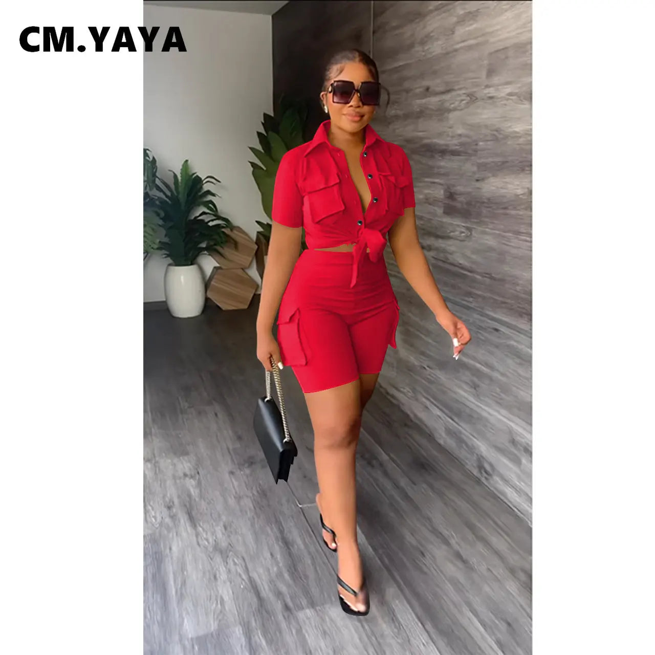 CM.YAYA INS Women's Set Short Sleeve Pocket Front Shirt and Pocket Side Shorts Suit 2023 Cargo Two 2 Piece Set Outfit Tracksuits
