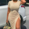 Trendy Printed Slim Midi Dresses Women Fashion Package Hip Bodycon Short Sleeves Drawstring Slit Dress Casual Ladies Streetwear