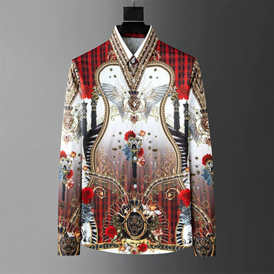 Fashion Herren Luxus Retro Print Hemd Krone Diamant Casual Gesellschaftshemd Langarm Slim Fit Business Party Hemd XS-6XL