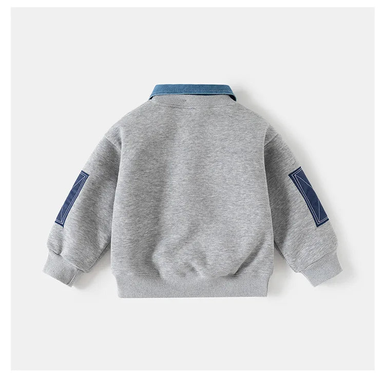 Spring Children Clothes Sweatshirt for Boys Denim Collar Fleece Pullover with Patch Pocket Casual Kids Top Long Sleeve T-shirt