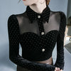Black Vintage Doll Collar Polka Dot Gold Velvet Top Women's Autumn and Winter Gauze Splicing Perspective Sexy T-shirt