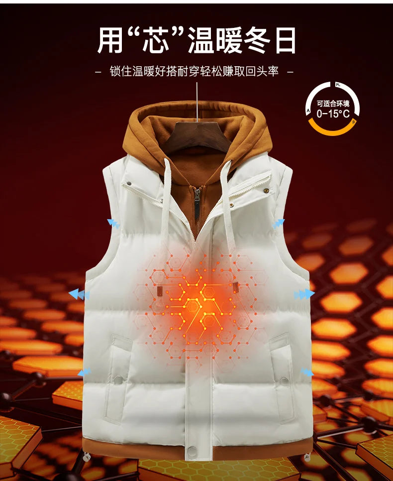 Unisex Fashion Hooded Vests Jacket Sleeveless Vest Autumn Thermal Soft Vests Casual Coats Male Cotton Men's Vest Men Thicken