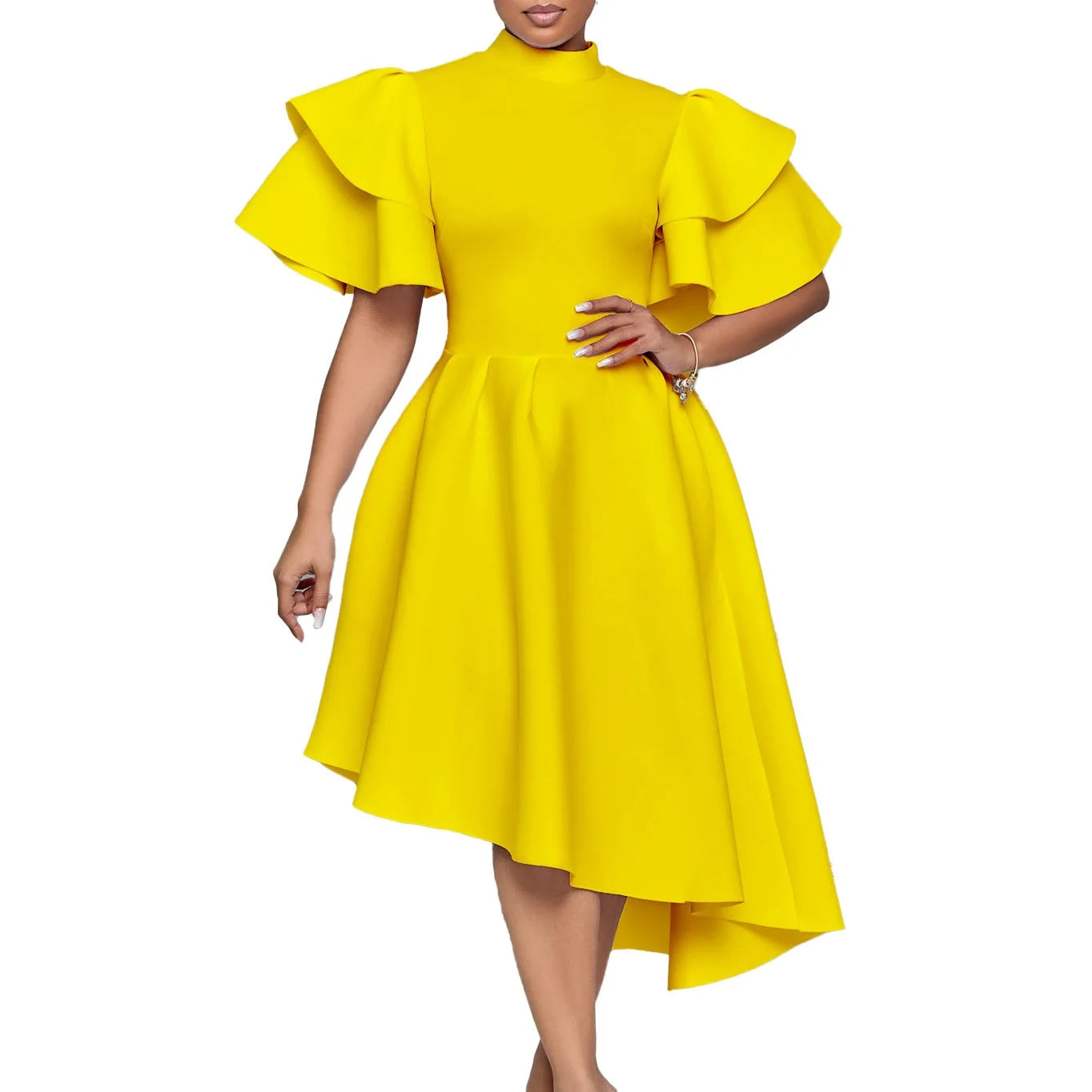Elegant Party Dresses for Woman 2024 New O Neck Ruffles Sleeve High Waisted Asymmetric Mid Calf Luxury Birthday Dinner Vestidos