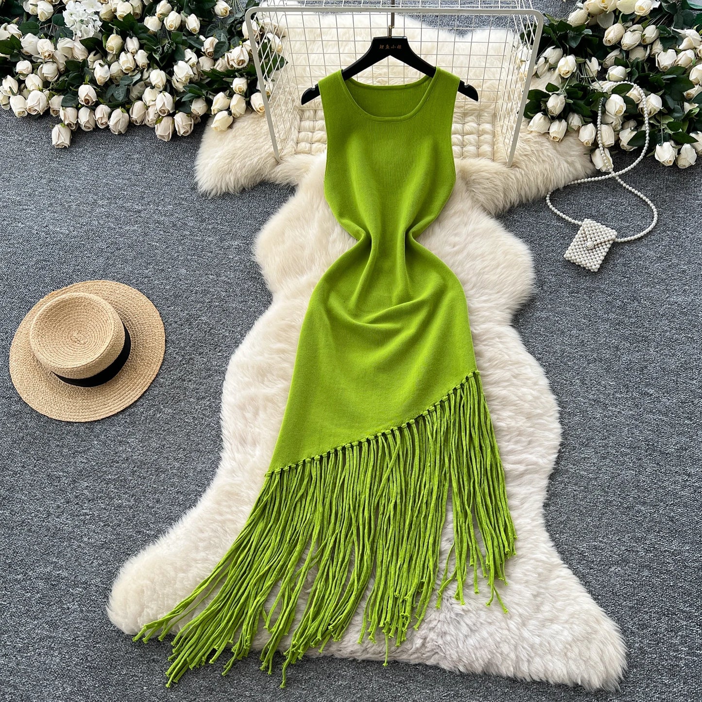 Sexy Backless Knit tassel High Waist Pleated Dress Casual A-line Dress Beach Vestidos Women Evening Party