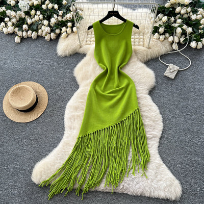 Sexy Backless Knit tassel High Waist Pleated Dress Casual A-line Dress Beach Vestidos Women Evening Party