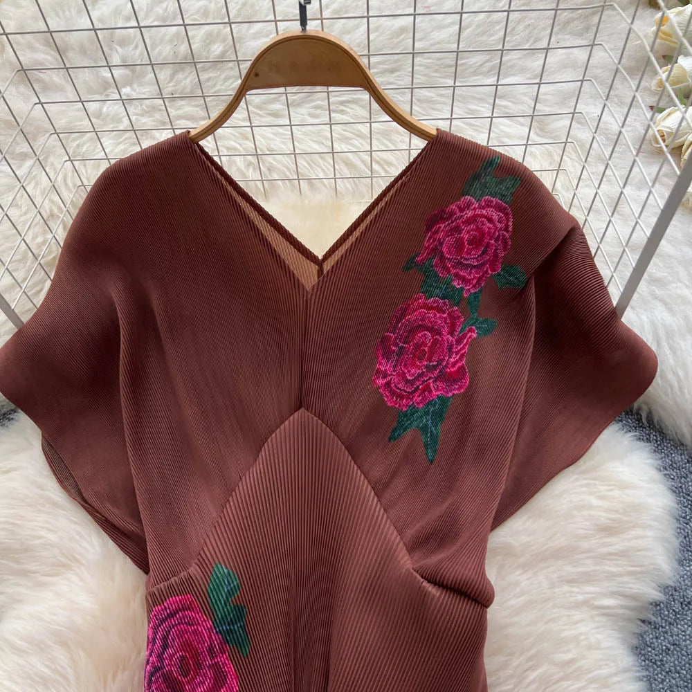Two Pieces Women Dress Sets Solid Matching Sets V Neck Printing Top High Waist Pleat Dress Loose Fit Casual 2025 Autumn Winter