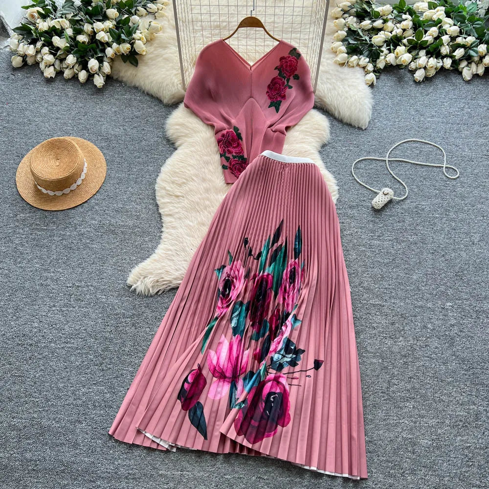 Two Pieces Women Dress Sets Solid Matching Sets V Neck Printing Top High Waist Pleat Dress Loose Fit Casual 2025 Autumn Winter